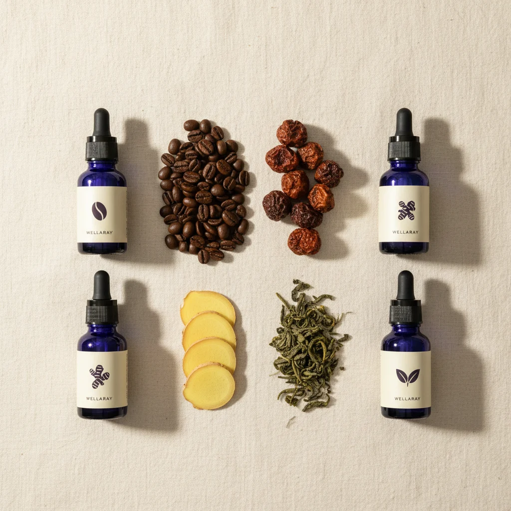 Botanical ingredients used in Wellaray Coffee - green coffee beans, guarana berries, ginger root, green tea leaves